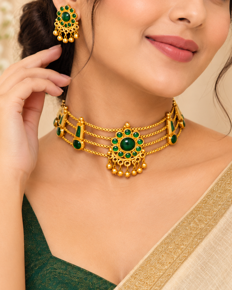 Antique Stone Choker Necklace Set | ALOB55/ALOB32/ALOB28
