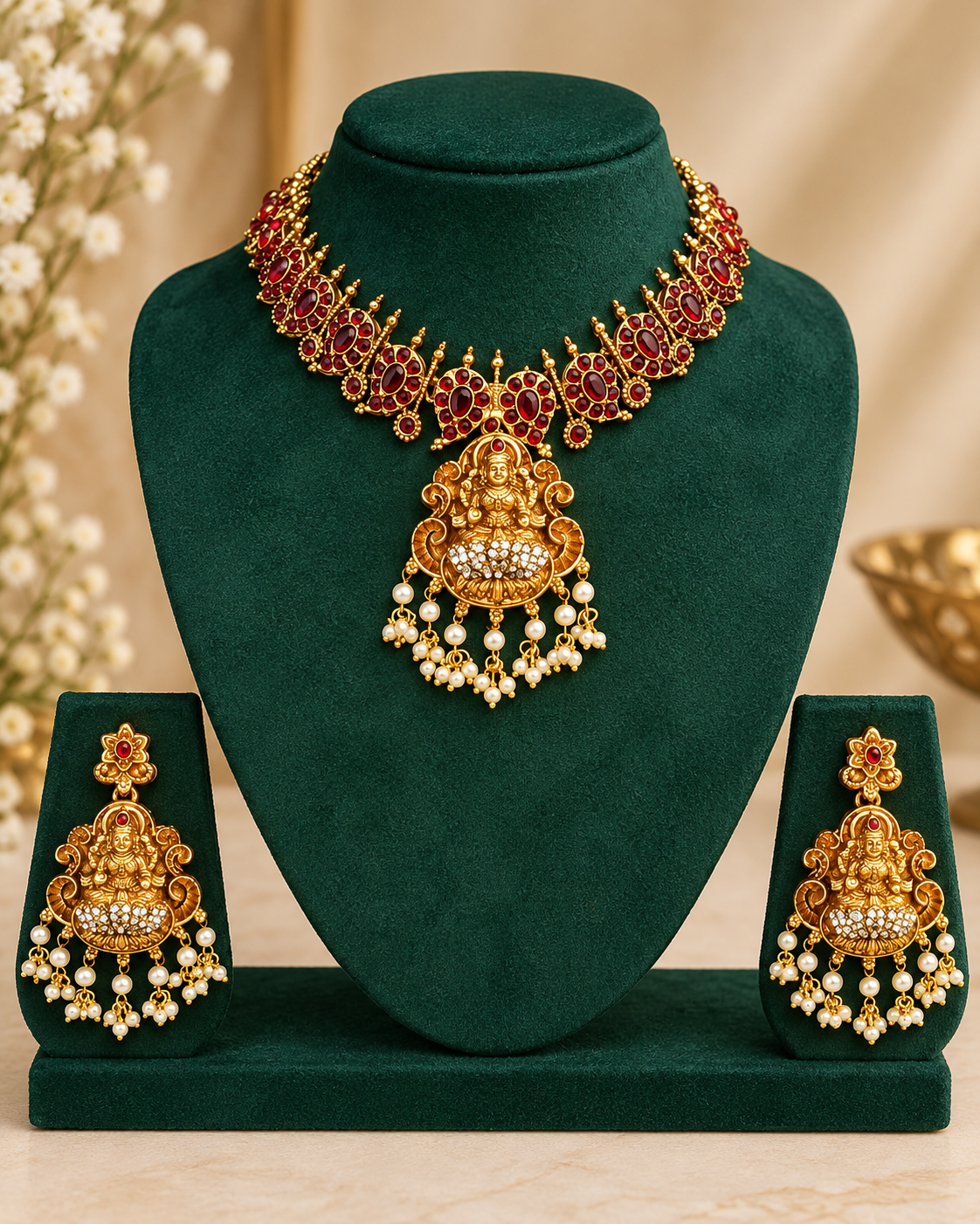 Antique Gold Pearl Drop Necklace Set | ALOB34