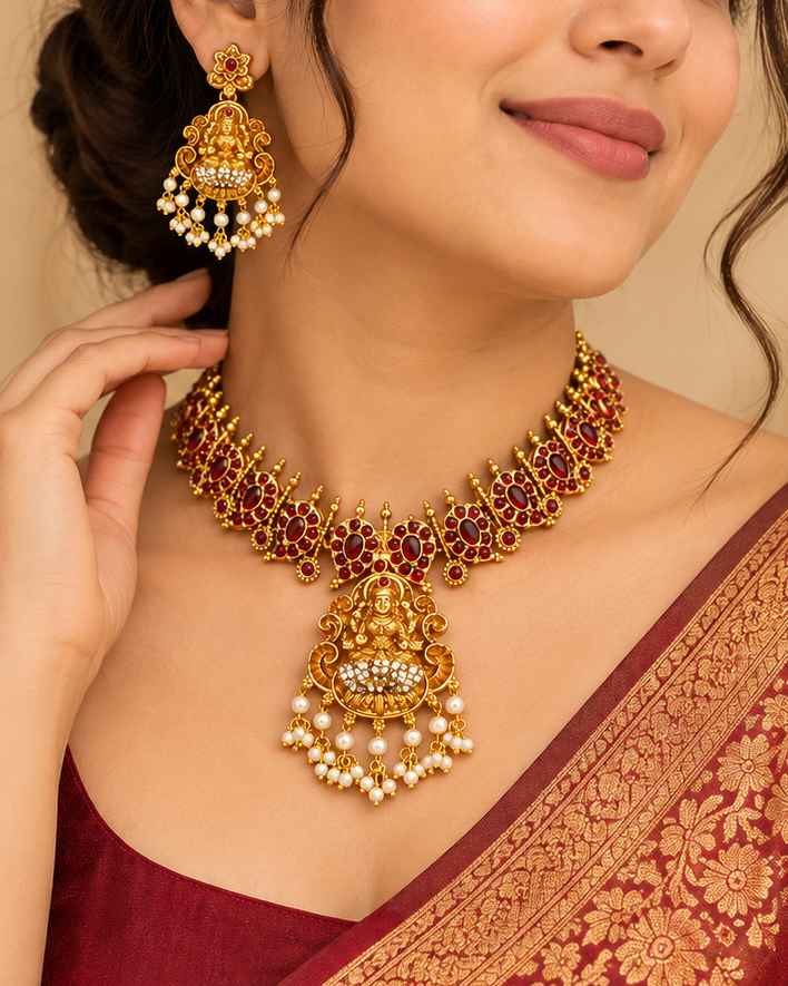 Antique Gold Pearl Drop Necklace Set | ALOB34