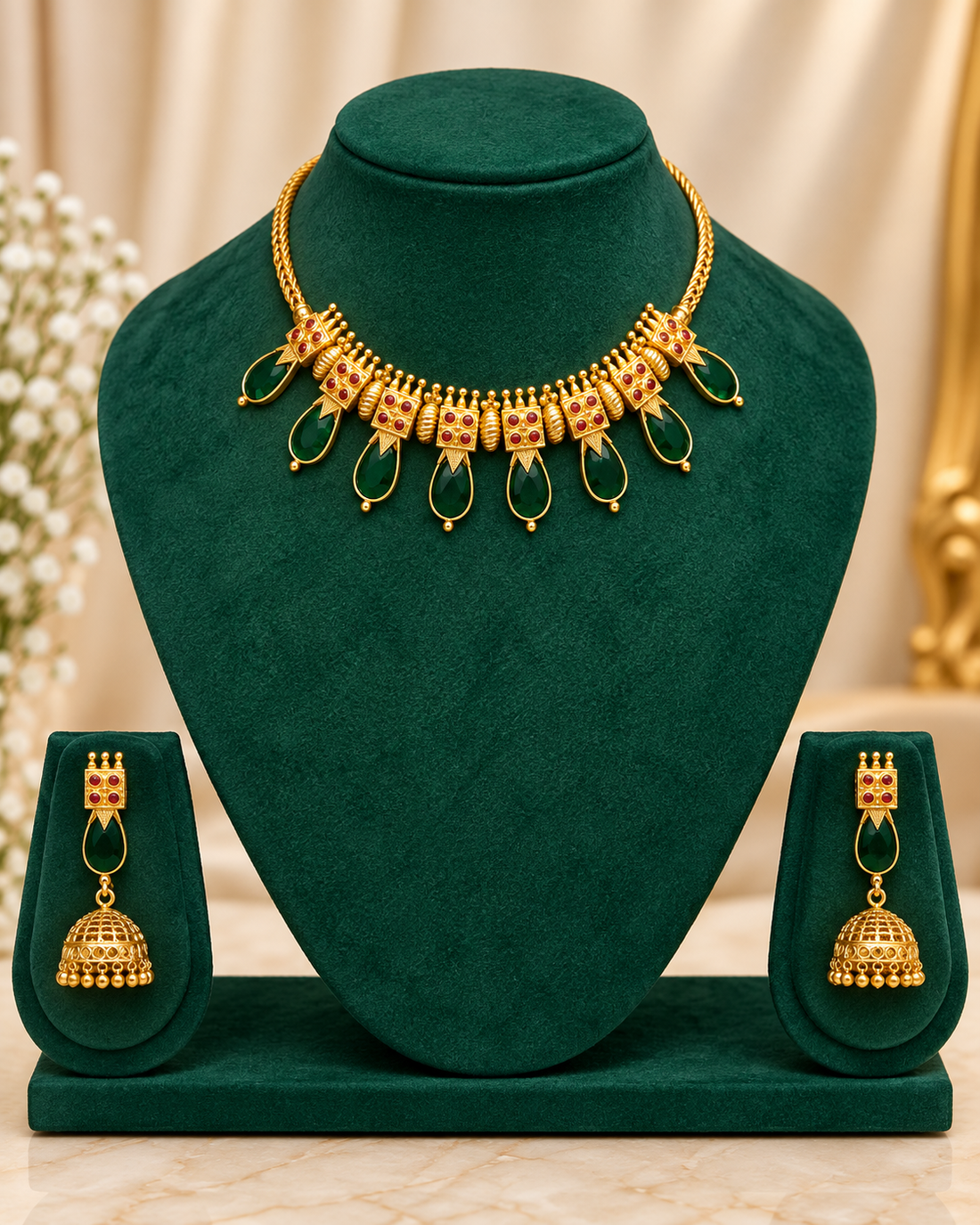 A woman wearing a gold and green traditional jewelry set, featuring a gold necklace with emerald-cut green stones and matching gold and green jhumka earrings, styled with a beige and green saree.