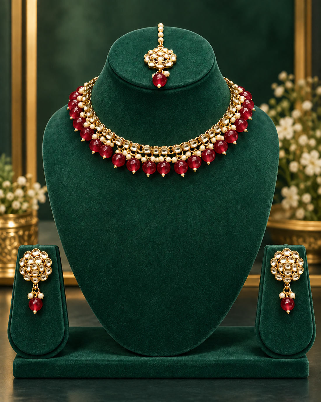 Pearl Drop Ethnic Stone Necklace Set | ALOB4
