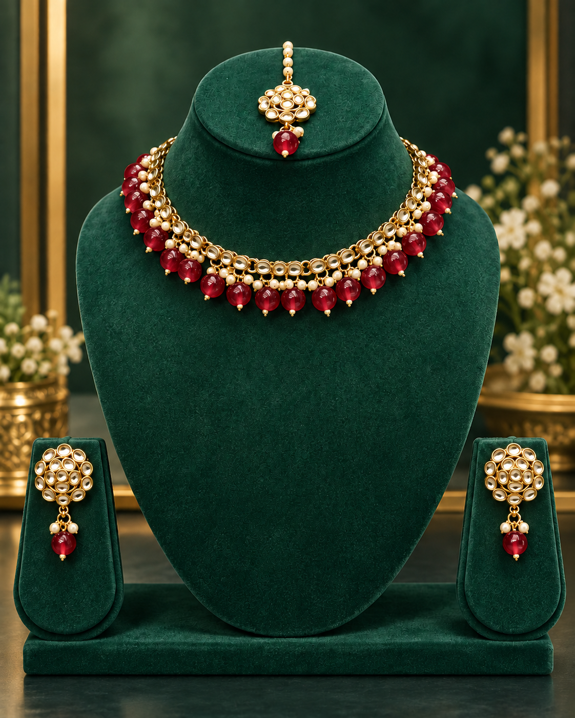 Pearl Drop Ethnic Stone Necklace Set | ALOB4