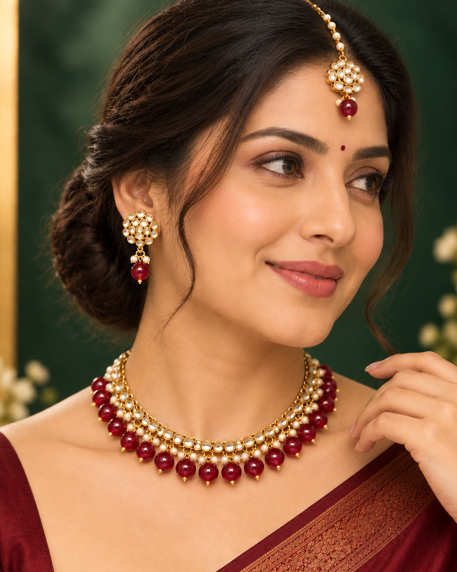 Pearl Drop Ethnic Stone Necklace Set | ALOB4