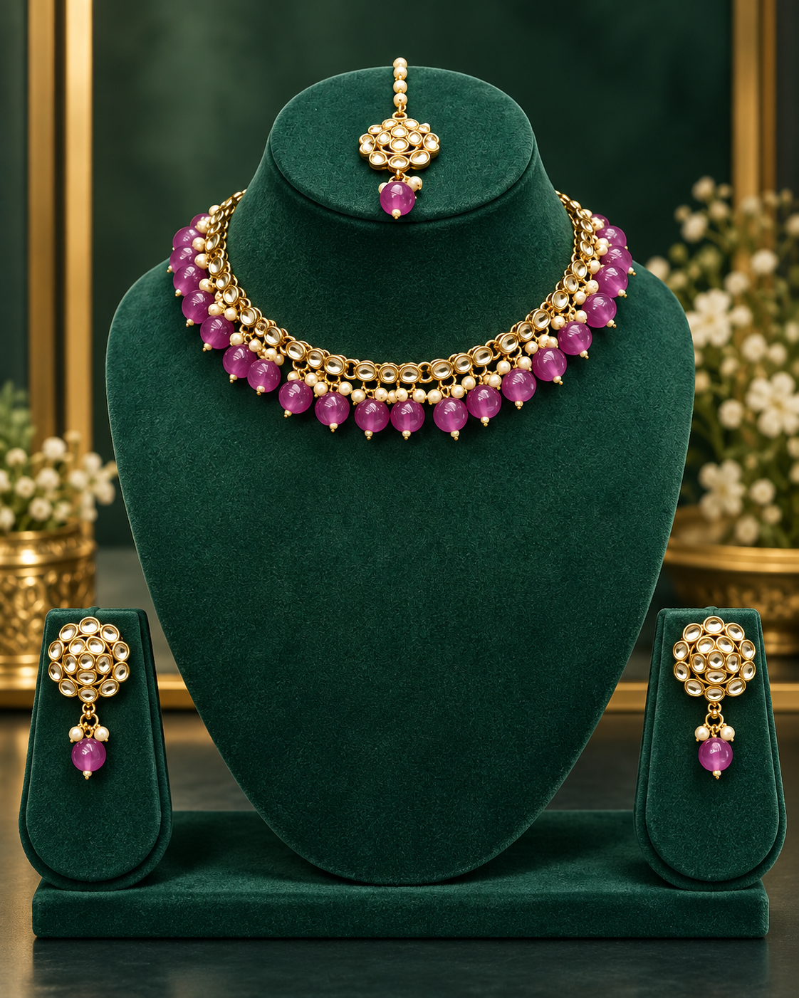Pearl Border Stone Necklace Set |  ALOB5