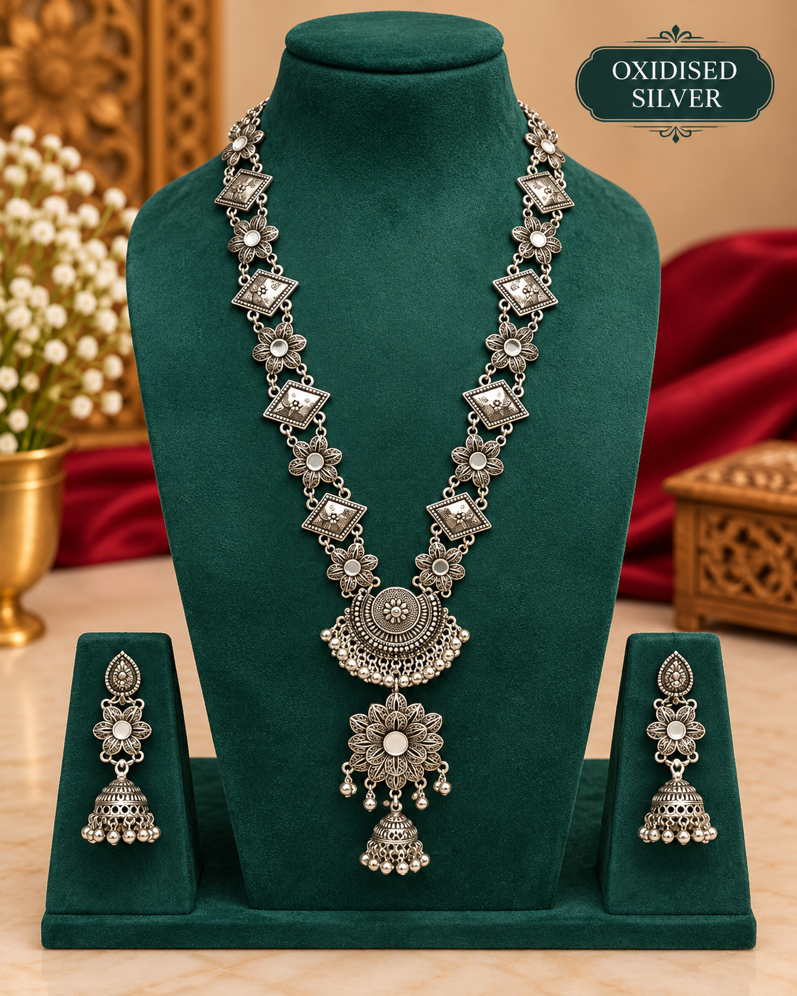 Oxidised Silver Floral Long Chain Set | ALOB52