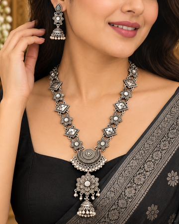Oxidised Silver Floral Long Chain Set | ALOB52