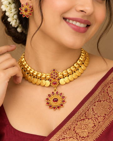 Floral Stone Choker Necklace Set  | ALOB54