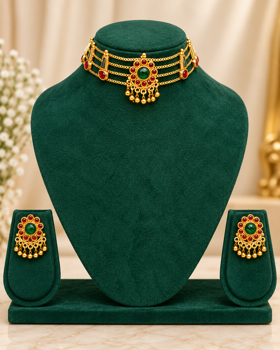 Gold-toned traditional Indian jewelry set including a choker necklace and matching earrings, displayed on a dark green velvet jewelry bust. The jewelry features red stones and a central green stone.