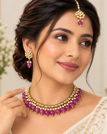 Pearl Border Stone Necklace Set |  ALOB5