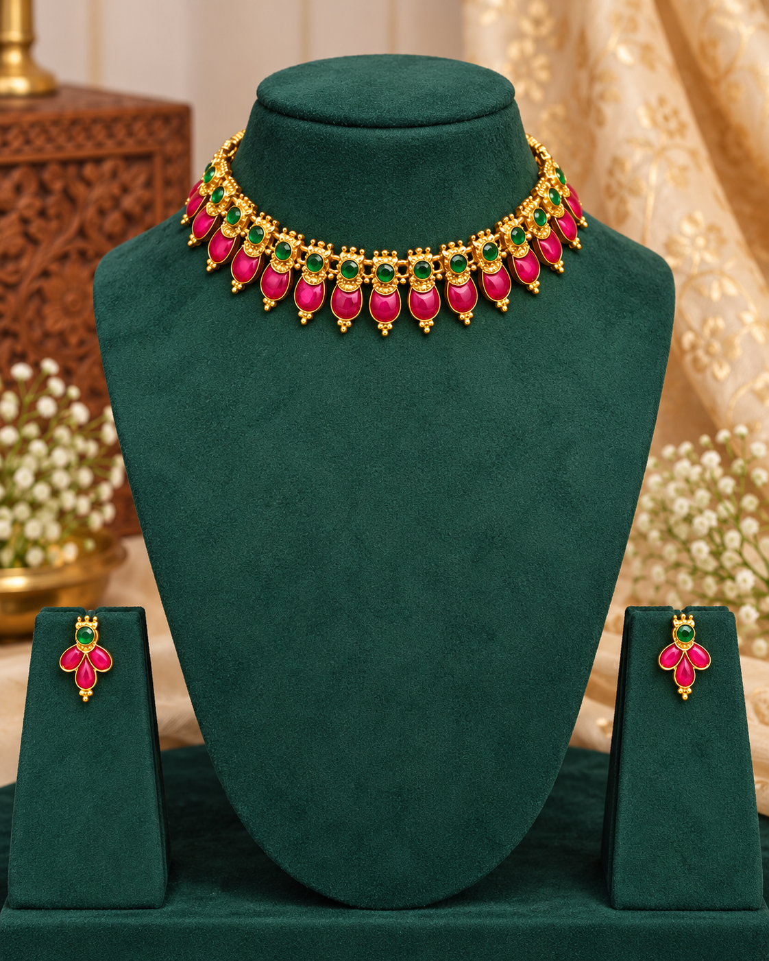 Pink & Emerald Traditional Choker Necklace | ALOB61