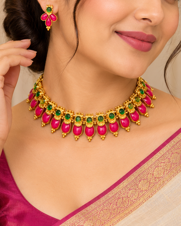 Pink & Emerald Traditional Choker Necklace | ALOB61