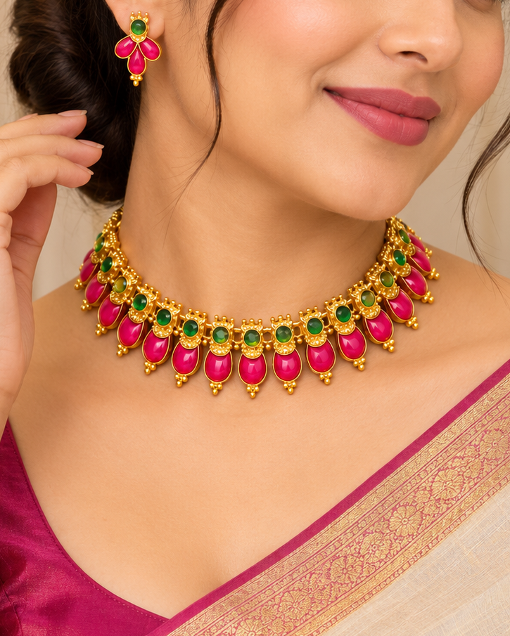 Pink & Emerald Traditional Choker Necklace | ALOB61