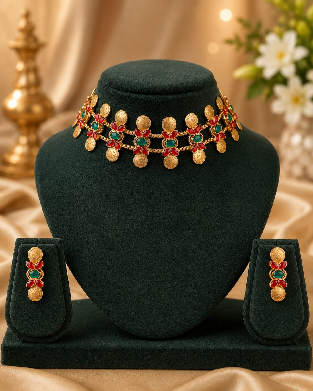 Antique Gold Coin Choker Set with Ruby & Emerald Stones | OL178