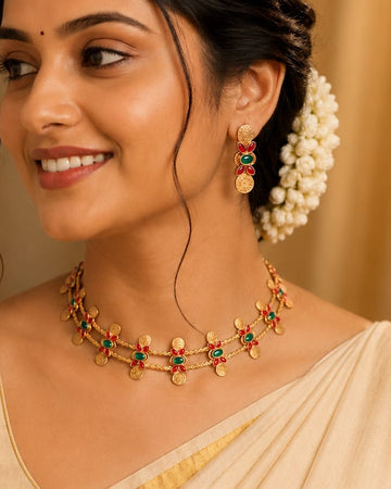Antique Gold Coin Choker Set with Ruby & Emerald Stones | OL178
