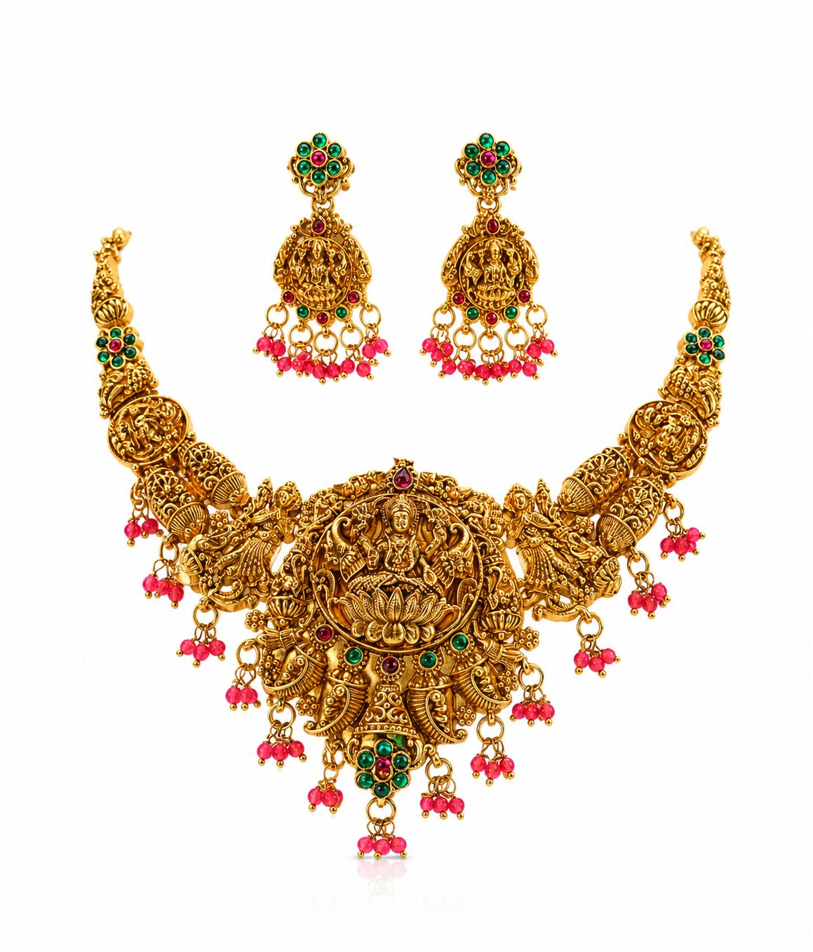 Antique Gold Lakshmi Temple Necklace Set with Ruby Drops |