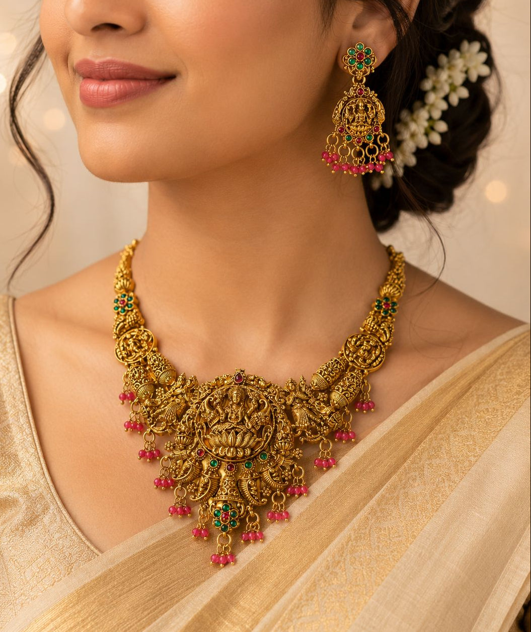 Antique Gold Lakshmi Temple Necklace Set with Ruby Drops |