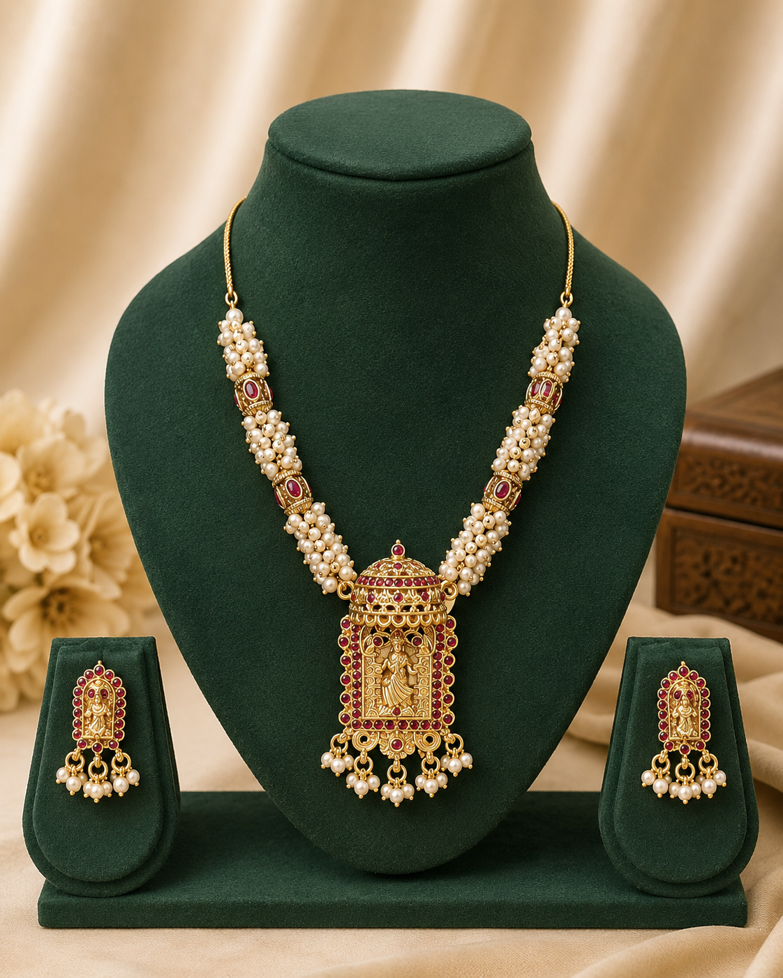 Antique Gold Radha Krishna Temple Pendant Necklace Set | ONK 63