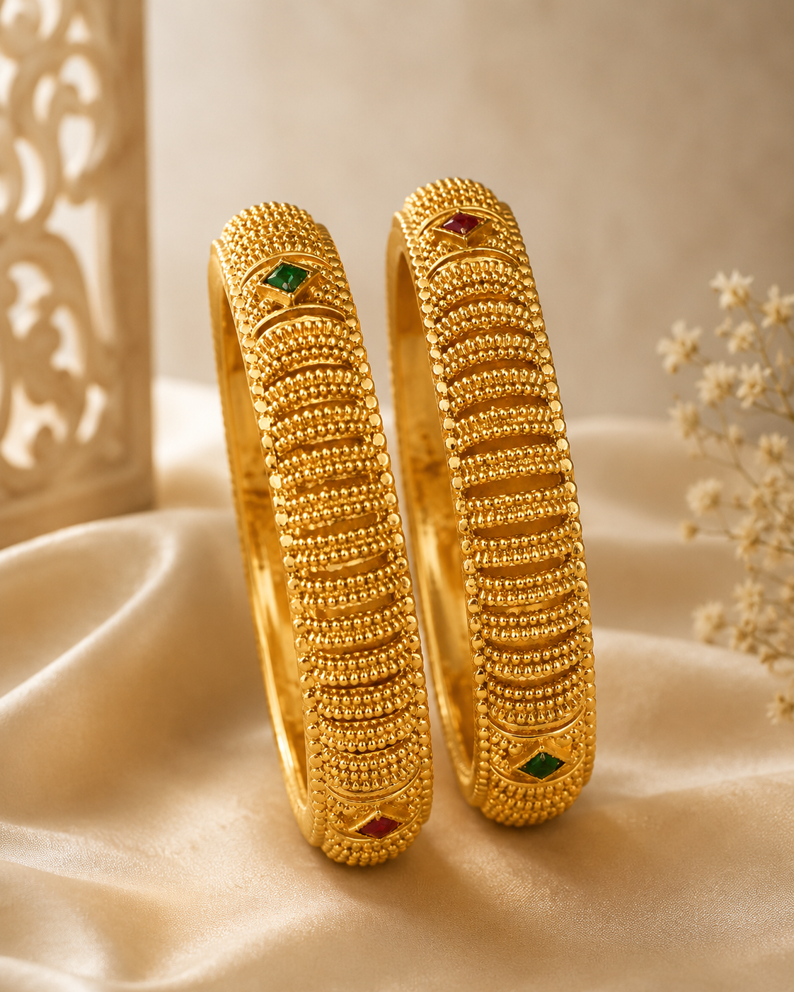 Two gold bangles with intricate beaded textures and small green and red stone accents, displayed on draped cream fabric.