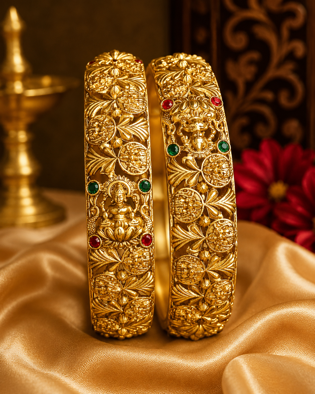 Lakshmi Temple Bridal Jewellery Set with Long Haaram & Jhumkas | P4