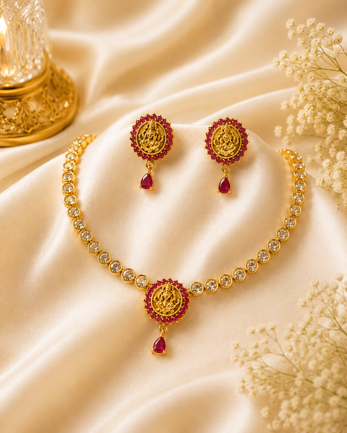 Gold CZ Diamond Emerald Lakshmi Temple Necklace Set | OL 24