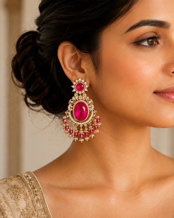 Gold Polki Chandbali Earrings with Fuchsia Pink Stone & Ruby Fringe | OL 60