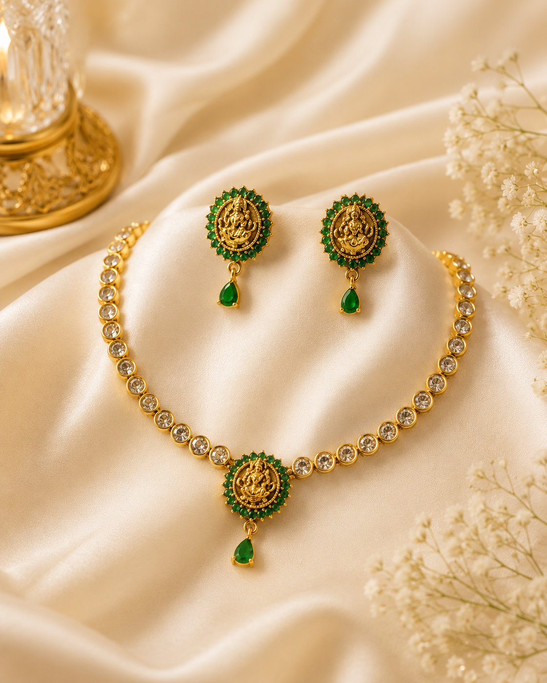 Gold CZ Diamond Emerald Lakshmi Temple Necklace Set | OL 24