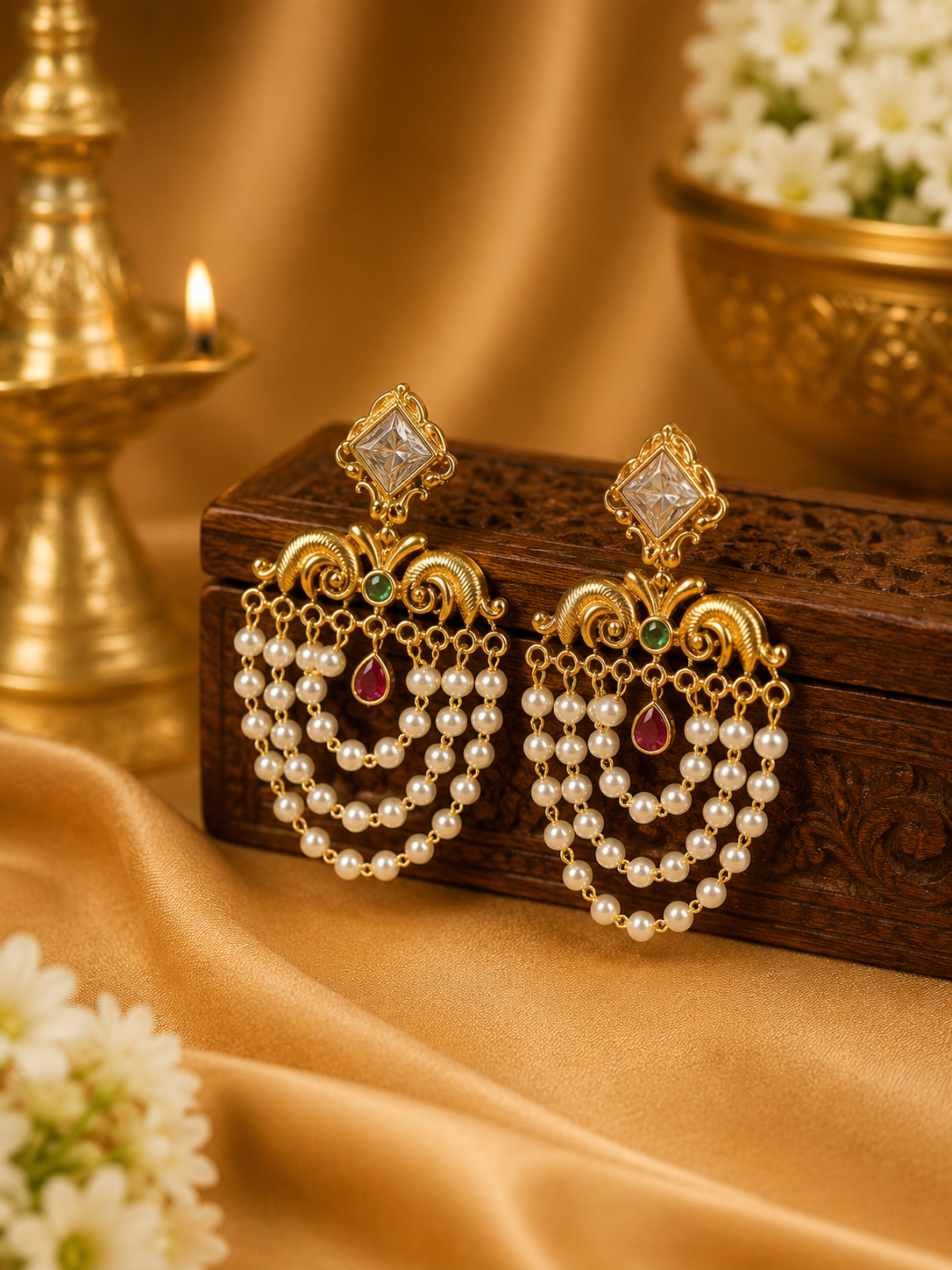 Gold Kundan Pearl Chandelier Earrings with Multi-Strand Drops | OL205