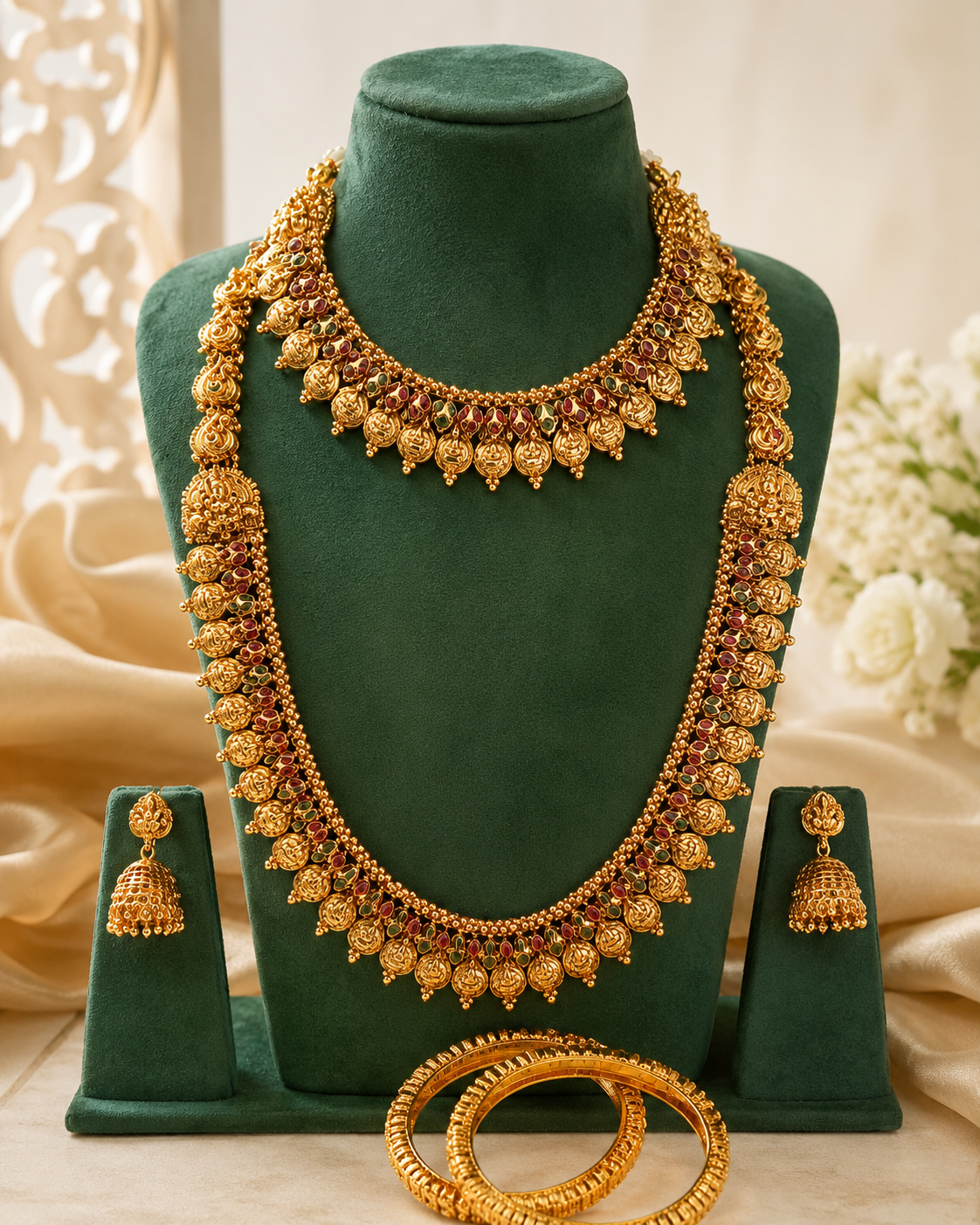 Gold-toned traditional Indian jewelry set displayed on a dark green velvet mannequin bust, including a statement necklace, matching earrings, and bangles, with beige fabric and white flowers in the background.