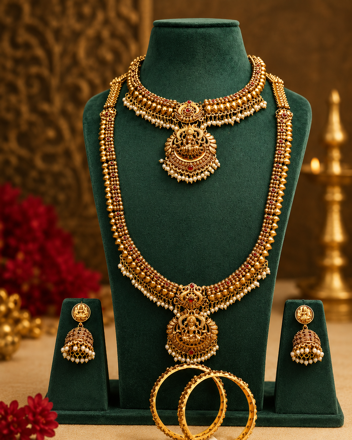 Lakshmi Temple Bridal Jewellery Set with Long Haaram & Jhumkas | P4