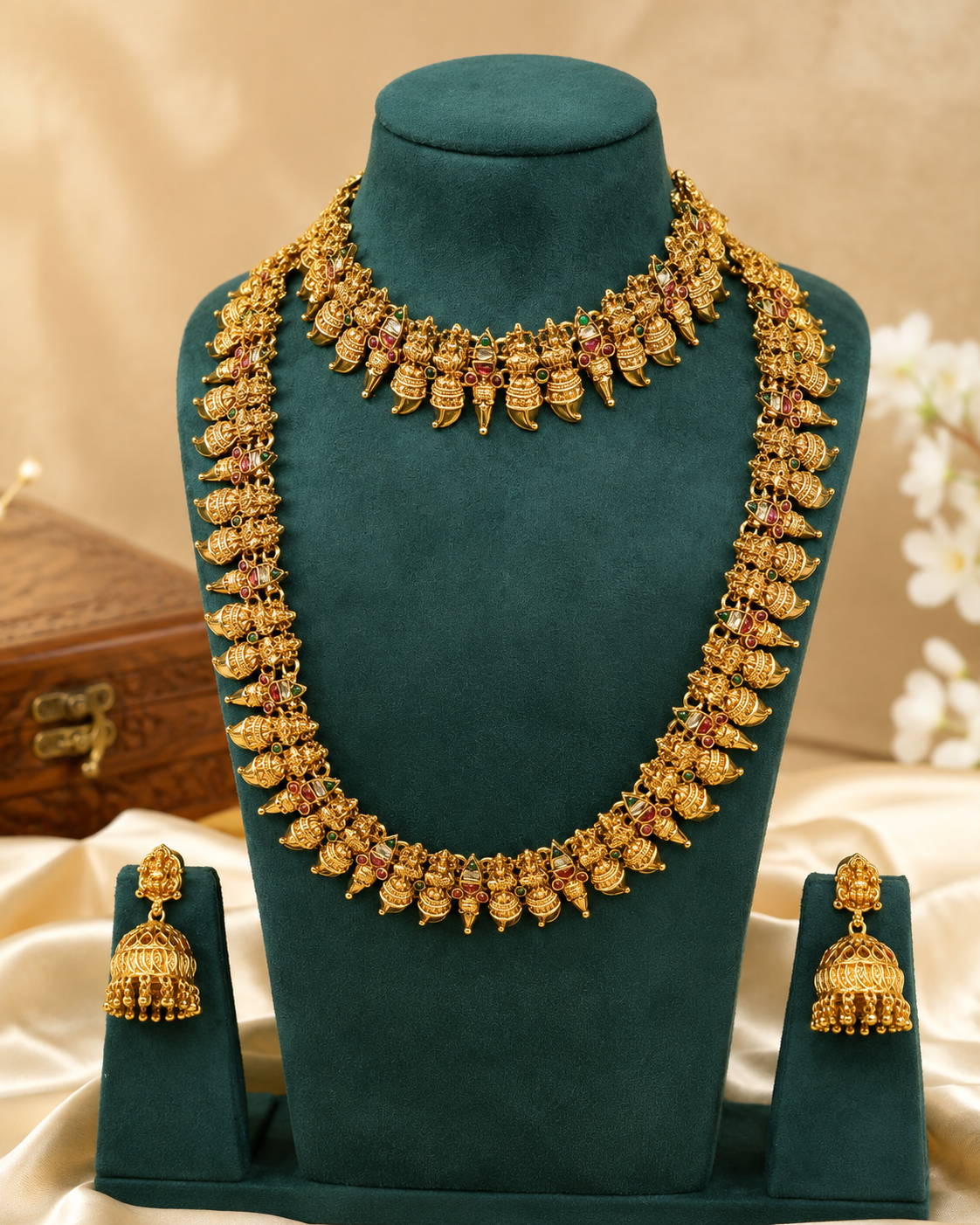 Gold Ganesha Motif Bridal Haaram, Choker & Jhumka Set | P7