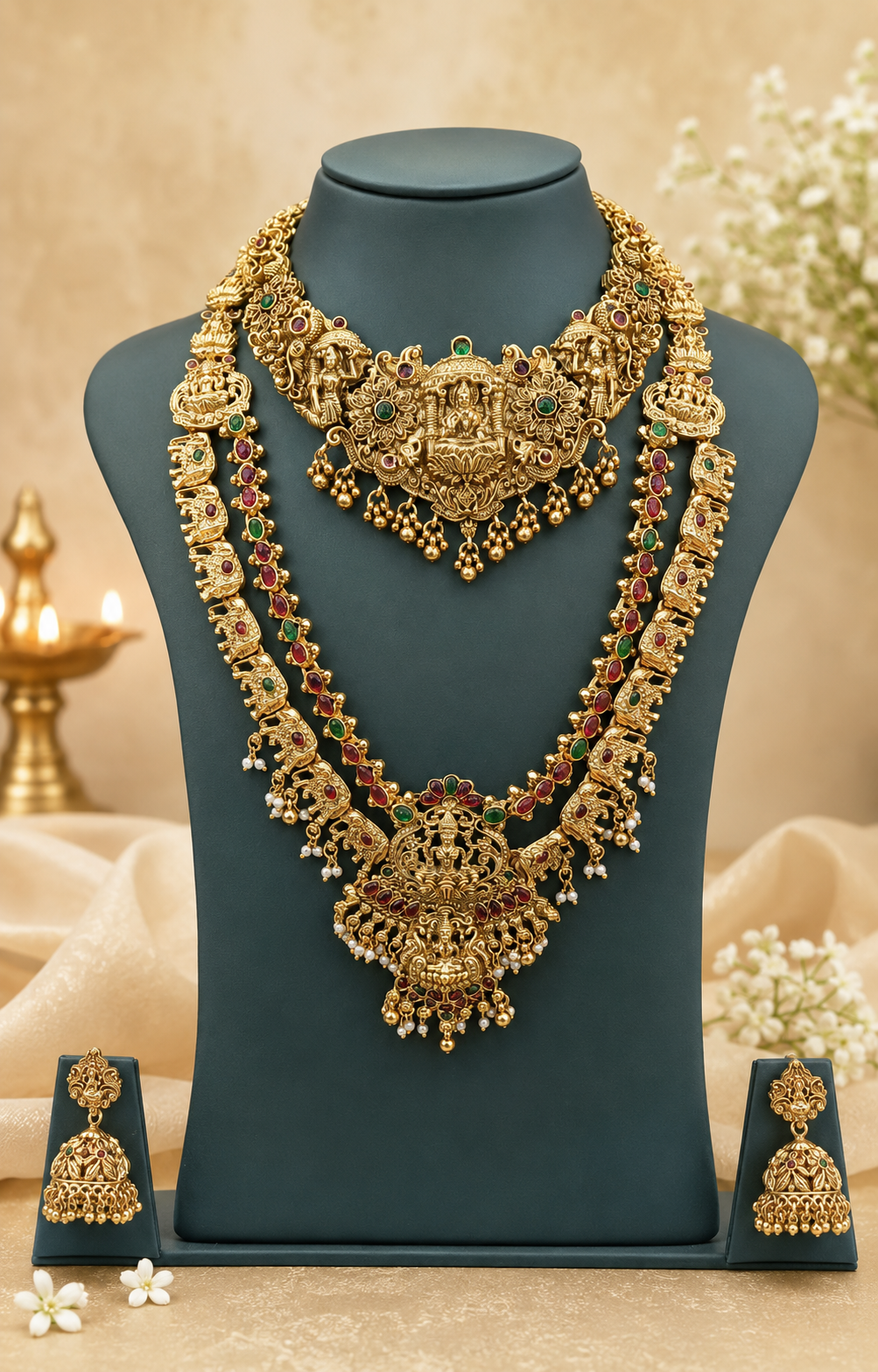 A woman wearing an ornate traditional gold necklace with red and green stone accents, paired with a beige saree, in a warmly lit indoor setting.