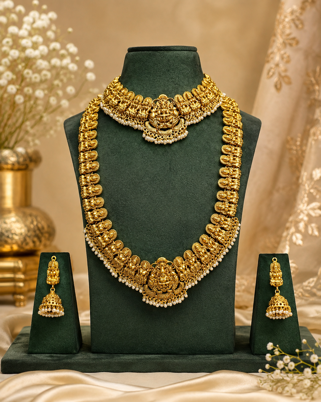 A woman wearing an ornate traditional gold necklace with matching earrings and a cream-colored saree, shown in a warm, elegant indoor setting.