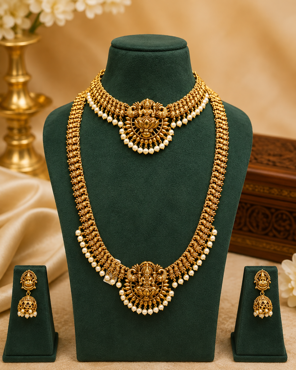 Gold Lakshmi Necklace Set with Pearls - P10 | Llabel Fashion