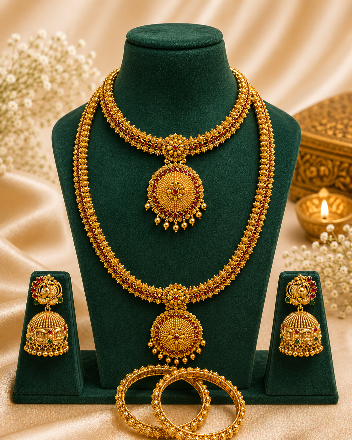 Gold Kemp Ruby Long Haaram & Choker Bridal Necklace Set - P3