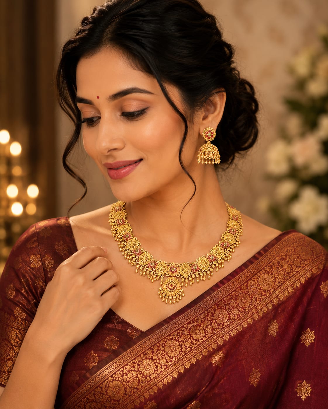 Gold Nakshi Floral Rosette Choker Necklace Set | OL 42