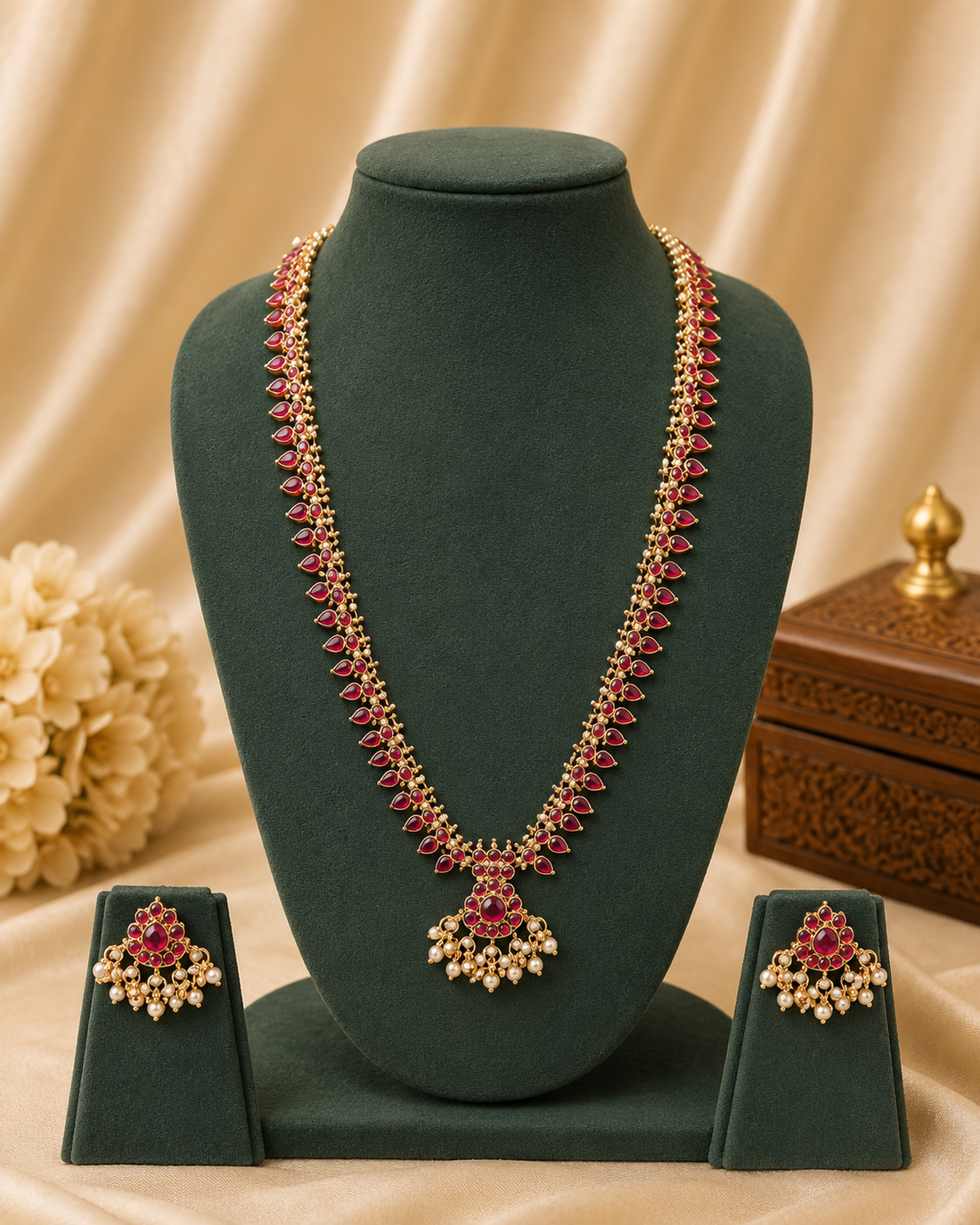 A woman wearing a traditional Indian outfit with a beige saree and blouse, styled with a green and gold beaded necklace and matching green and gold earrings.
