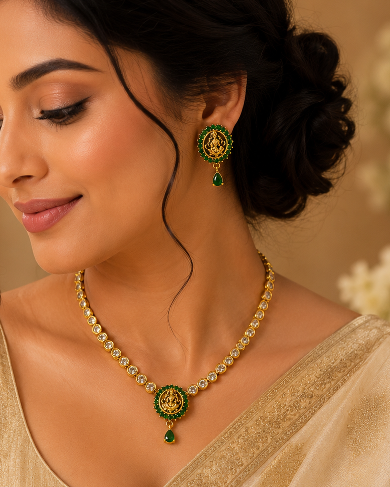 Gold CZ Diamond Emerald Lakshmi Temple Necklace Set | OL 24