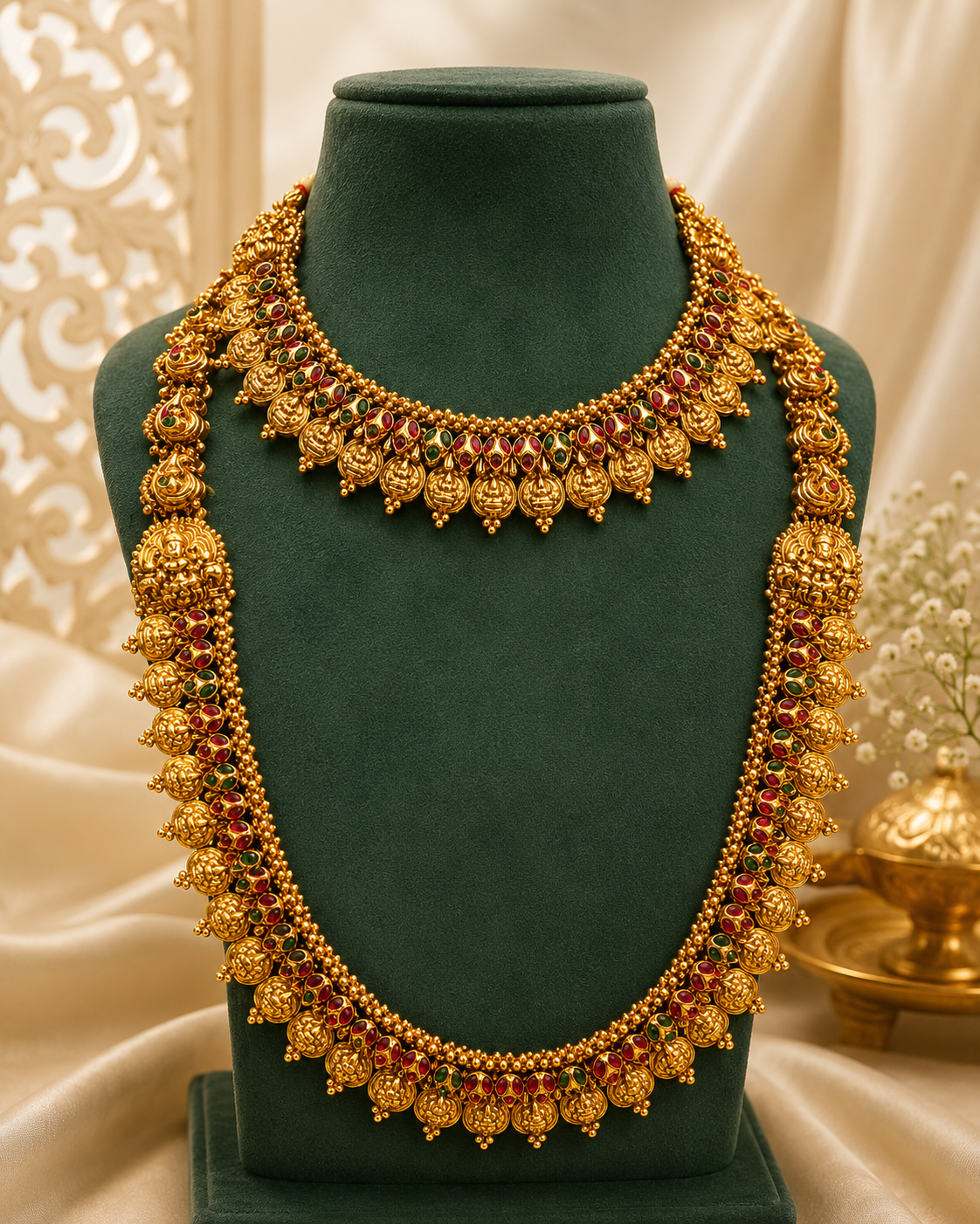 An ornate gold-toned jewelry necklace set displayed on a dark green velvet mannequin bust, featuring a choker and a longer matching necklace with red and green stone accents, set against a draped beige satin background.