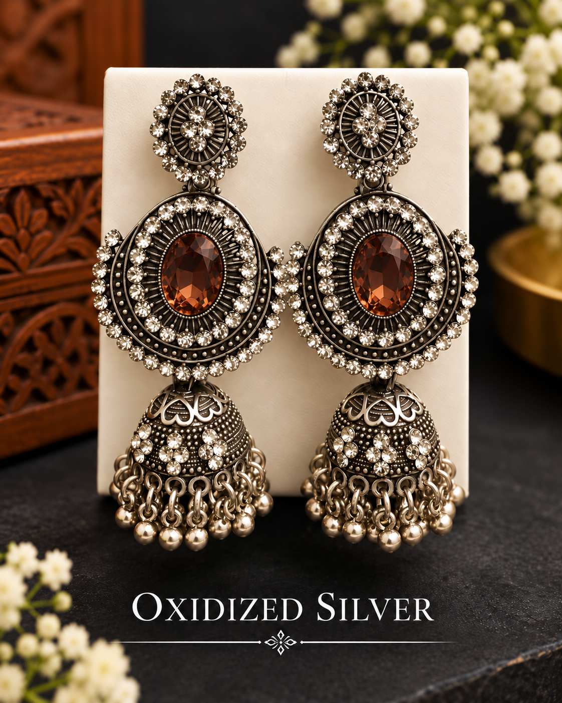 Oxidized Silver Stone Jhumka Earrings | LV3249