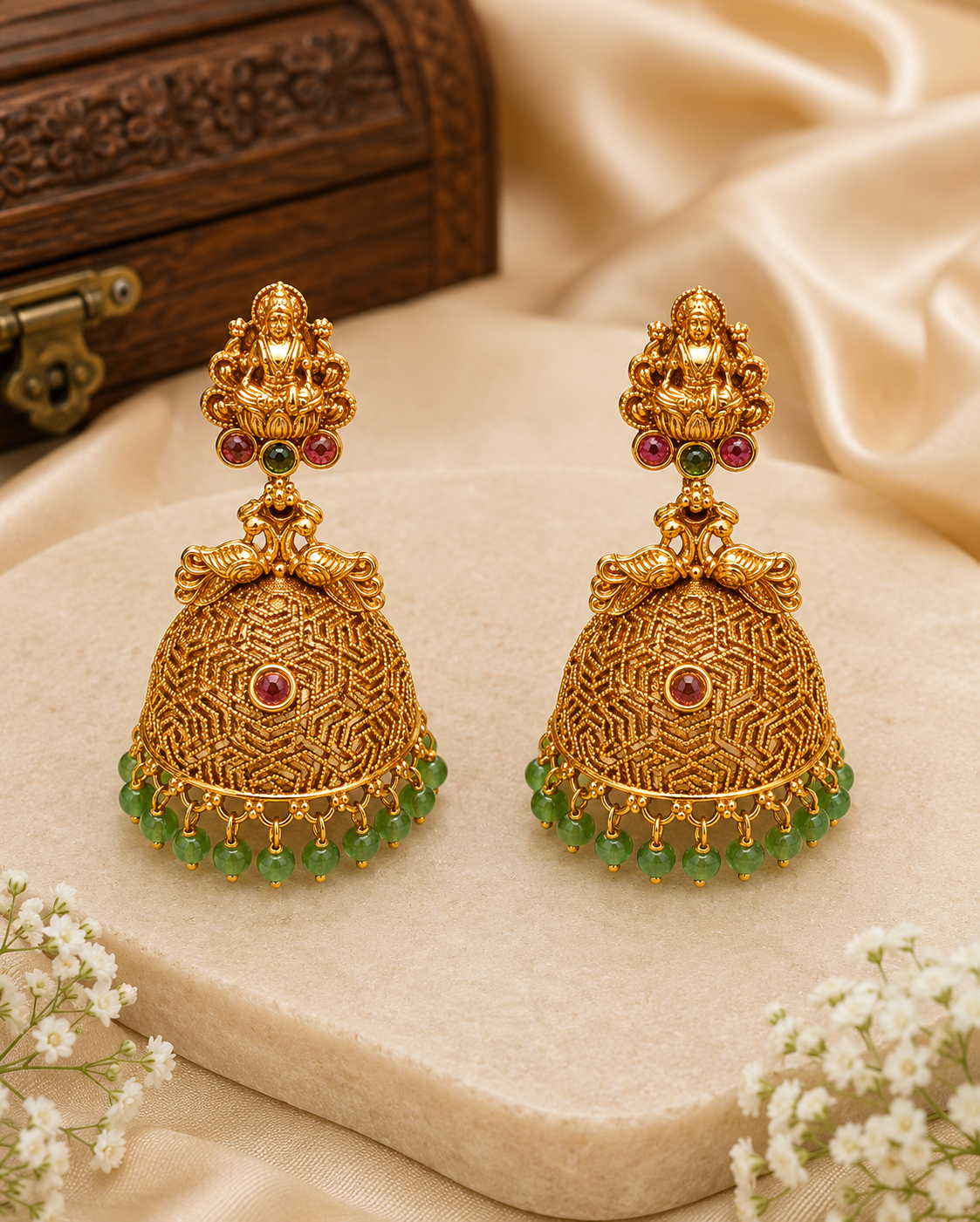 Antique Gold Lakshmi Jhumka Earrings with Emerald Bead Drops | OG59