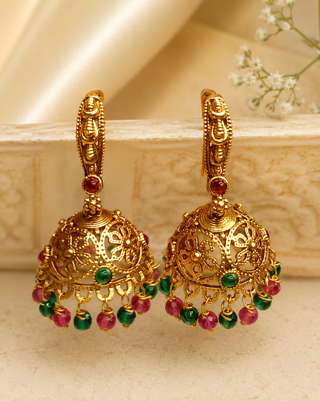 Antique Gold Filigree Dome Jhumka with Ruby & Emerald Drops | OG58