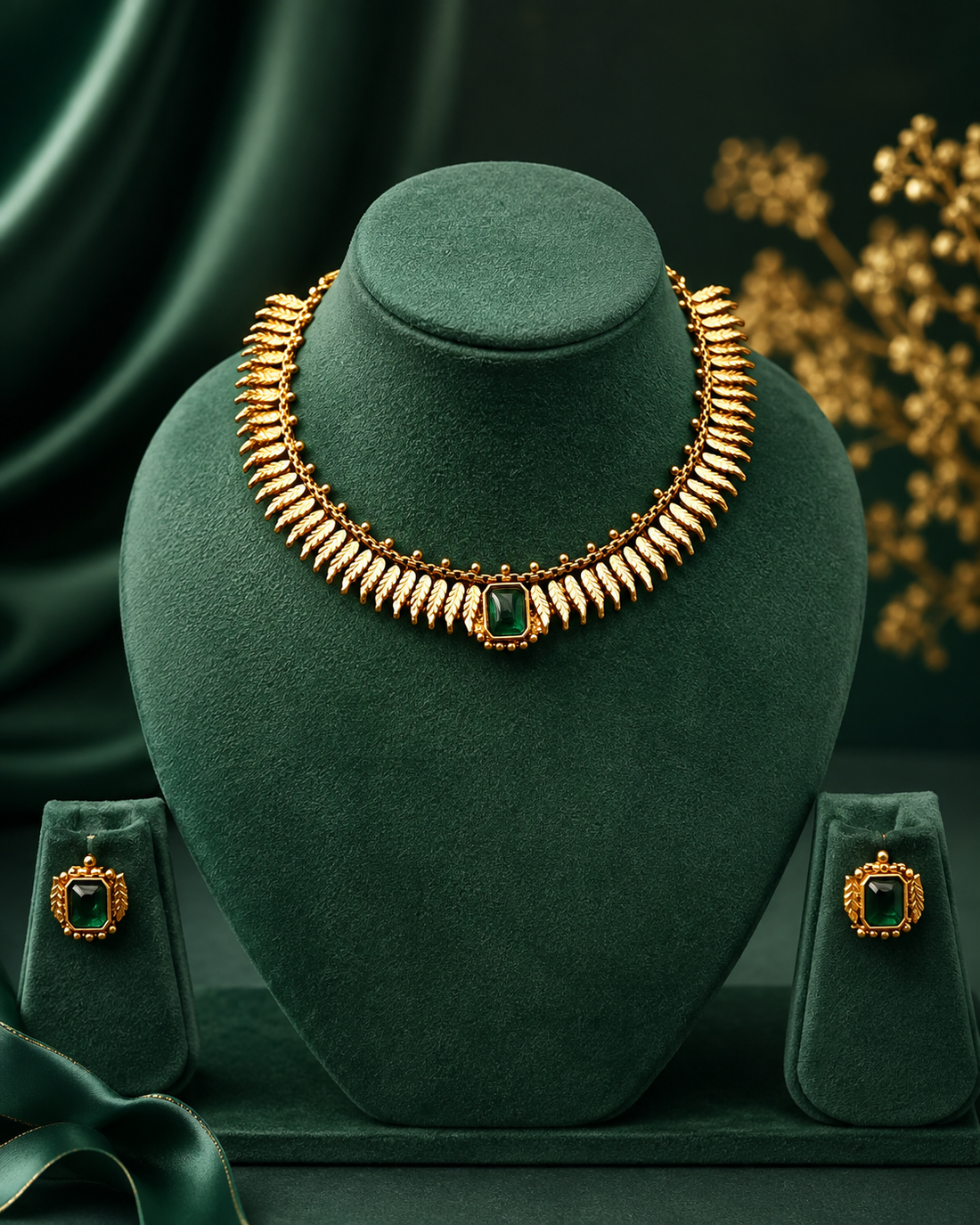 A woman wearing a dark green silk saree with gold zari embroidery and a matching gold necklace with a red stone accent, set against a warm, dark background.