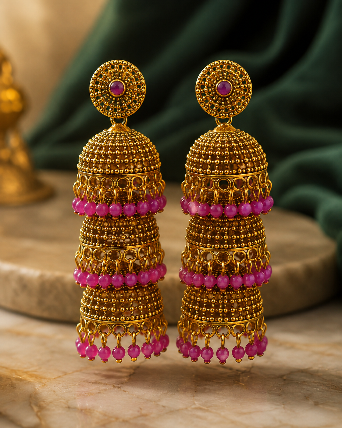 Antique Gold Three-Tier Granule Jhumka Earrings with  Bead Fringe - P1 | SITA2536