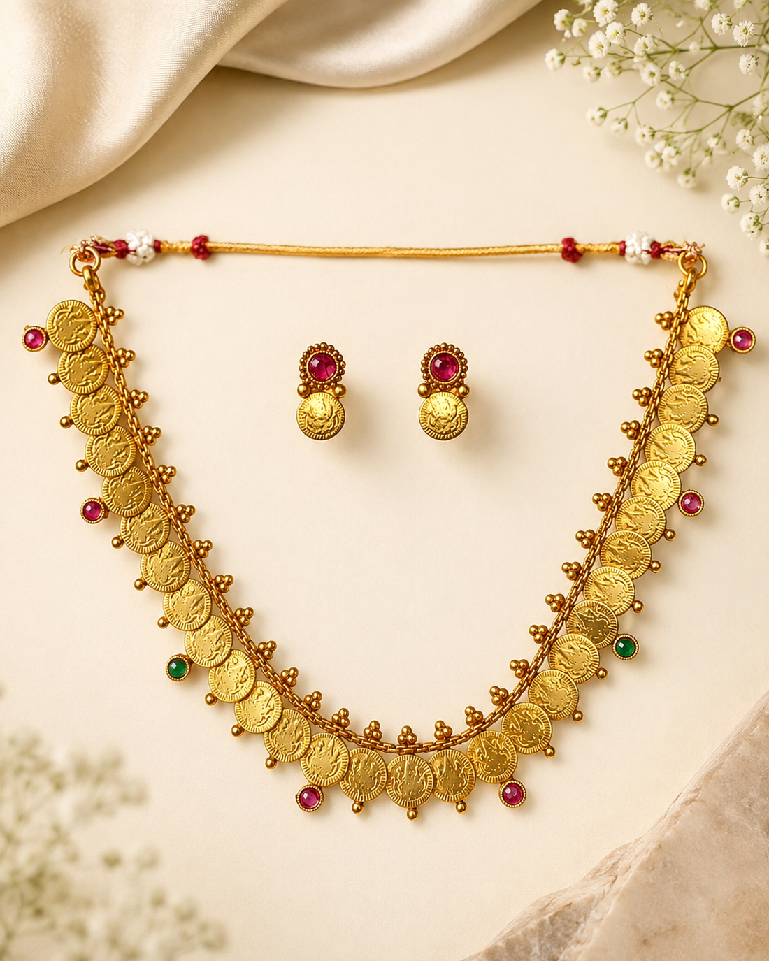 Lakshmi Kaasu Necklace & Earrings - Gold-Finish Temple Coin Necklace Set | OLDZN17