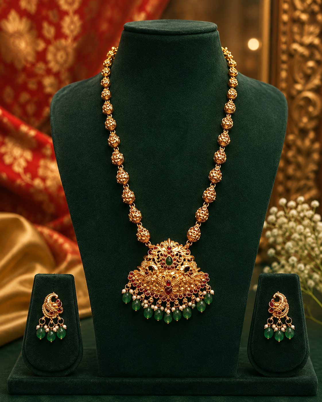 Antique Gold Filigree Ball Long Necklace Set - Nakshi Pendant, Ruby Kemp & Emerald Drops | ONK263