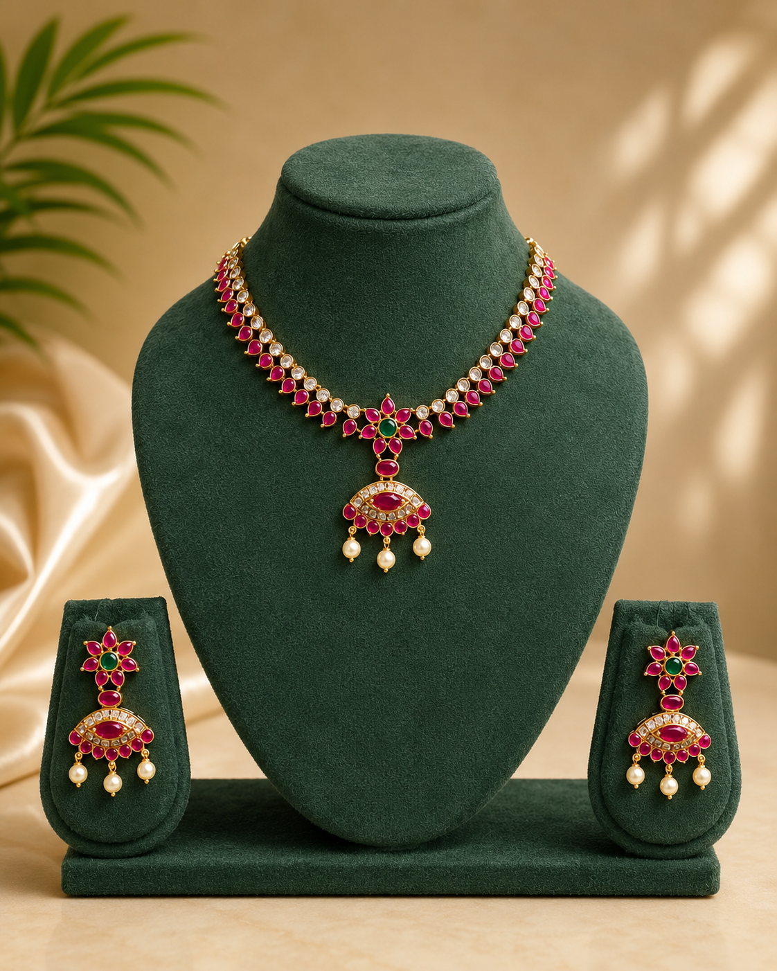 Ruby Kemp Polki Necklace Set - South Indian Bridal Jewellery with Pearls | OL35