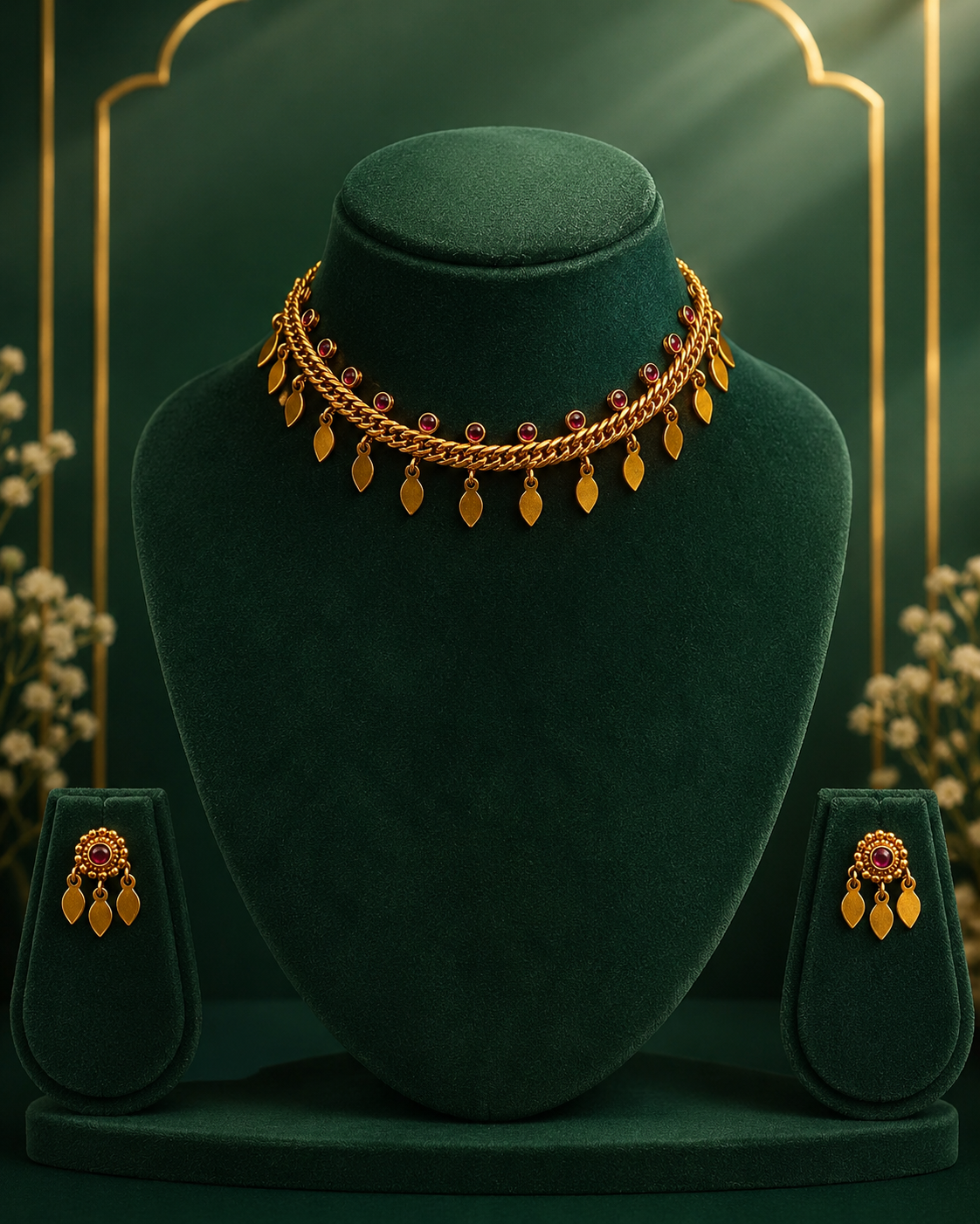 Antique Gold Chain Choker with Kemp Stones & Leaf Danglers | ONK266