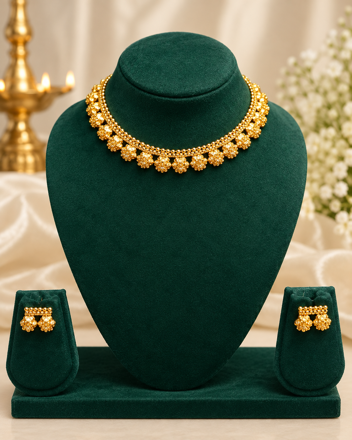 Antique Gold Granule Flower Choker Necklace Set with Stud Earrings | OLT9
