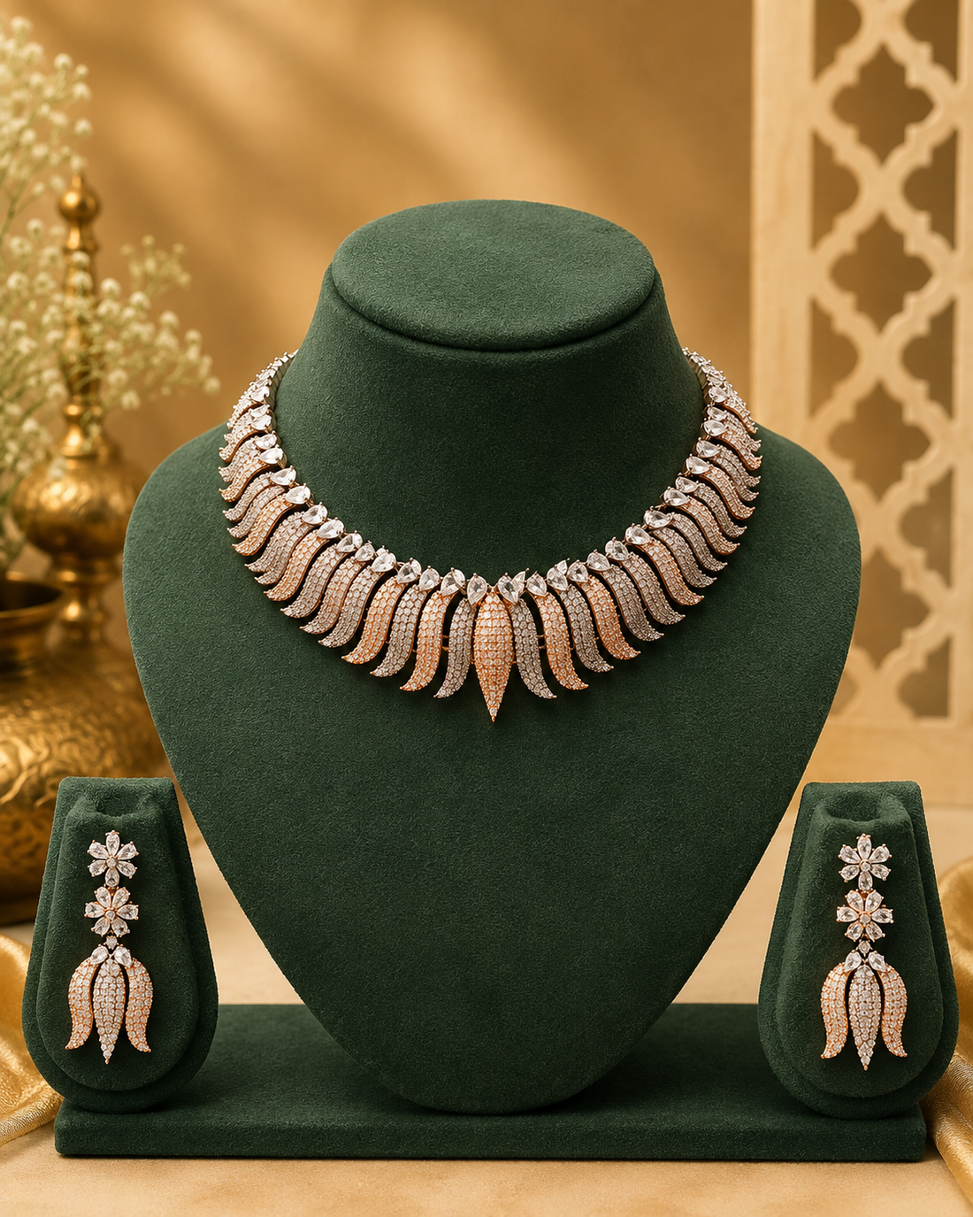 A woman in a white lace bridal gown wearing a silver-toned statement necklace and matching drop earrings, photographed in a softly lit indoor setting.