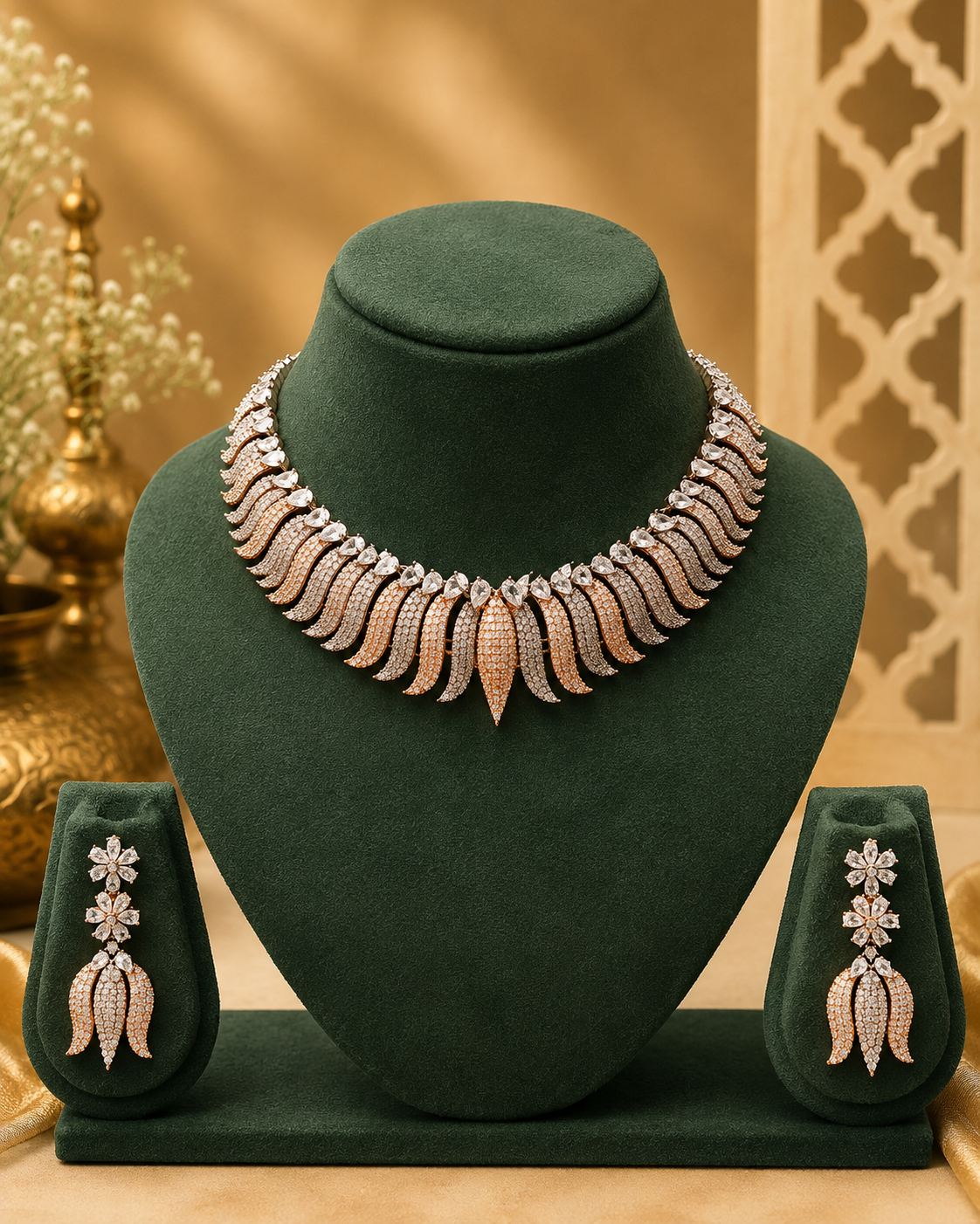 Rose Gold CZ Diamond Leaf Fringe Necklace Set with Floral Earrings |  L16319